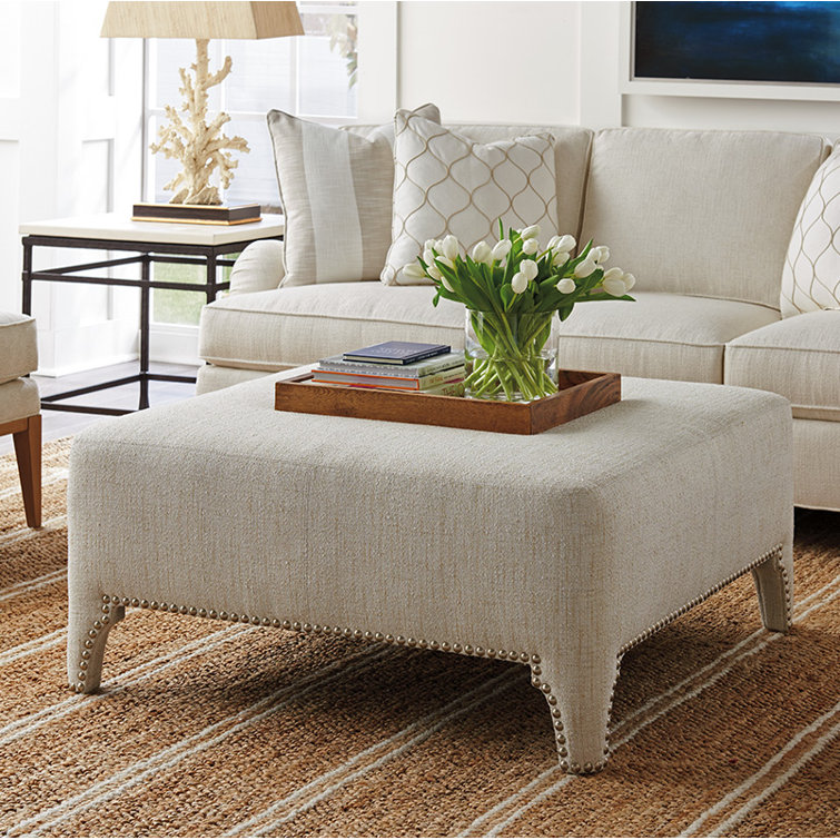 Beige Upholstered Cocktail Ottoman with Nailhead Trim