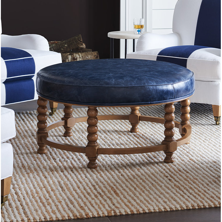 Round Blue Leather and Wood Cocktail Ottoman
