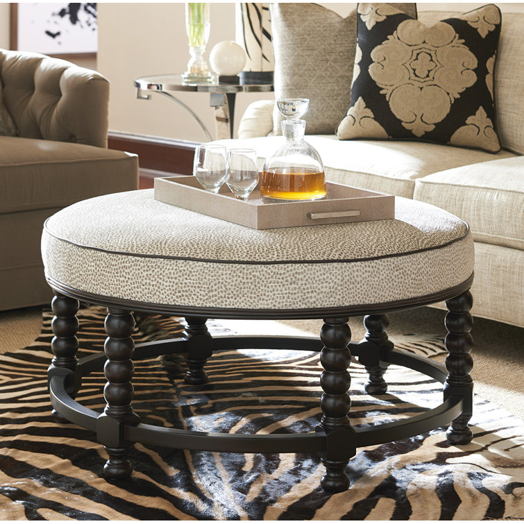 Kona Taupe Round Leather Welt Upholstered Ottoman
