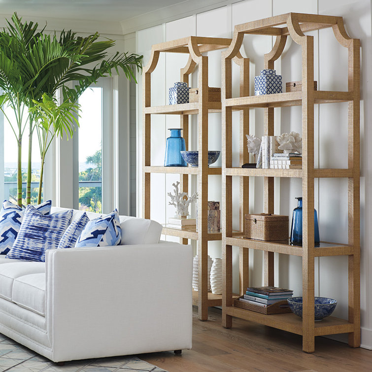 Newport Transitional 42'' White and Brown Raffia Etagere Bookcase