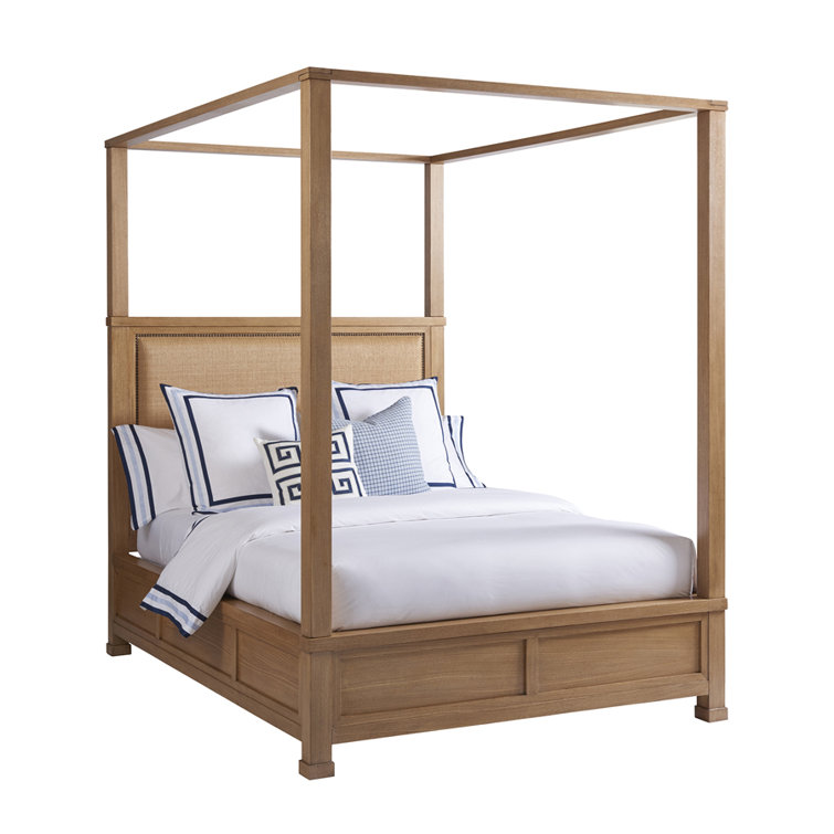 Sandstone Queen Wood Frame Canopy Bed with Upholstered Headboard