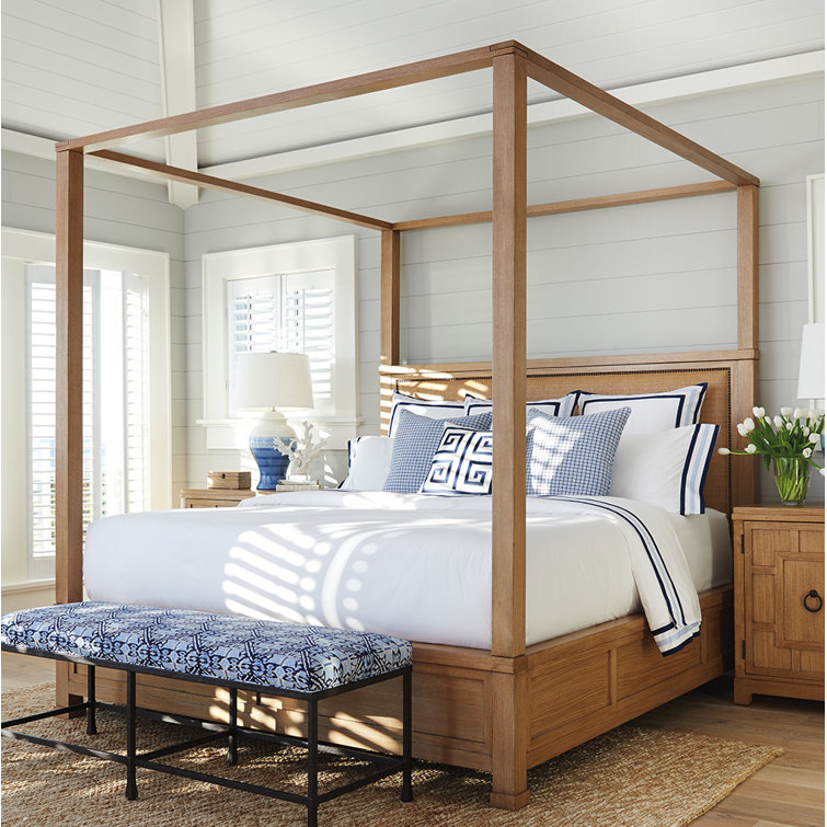 Sandstone Queen Wood Frame Canopy Bed with Upholstered Headboard