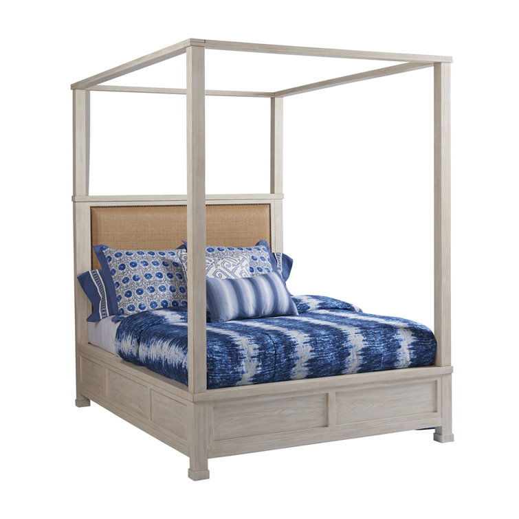 King-Sized Newport Cream and Brown Canopy Bed with Nailhead Trim