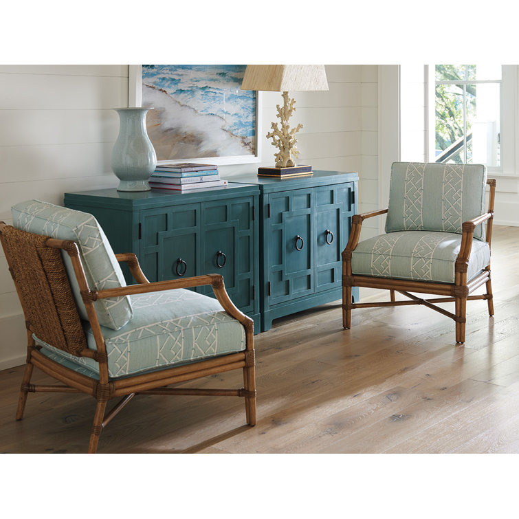 Laguna Beige Stripe Leather-Wrapped Rattan Accent Chair