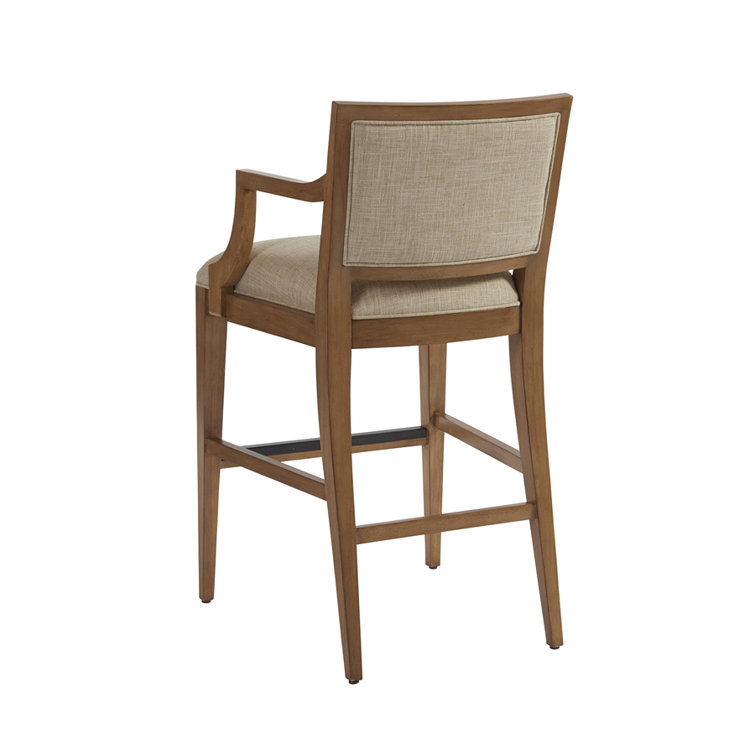 Beige Sandstone Wood Transitional Bar Stool with Upholstered Seat