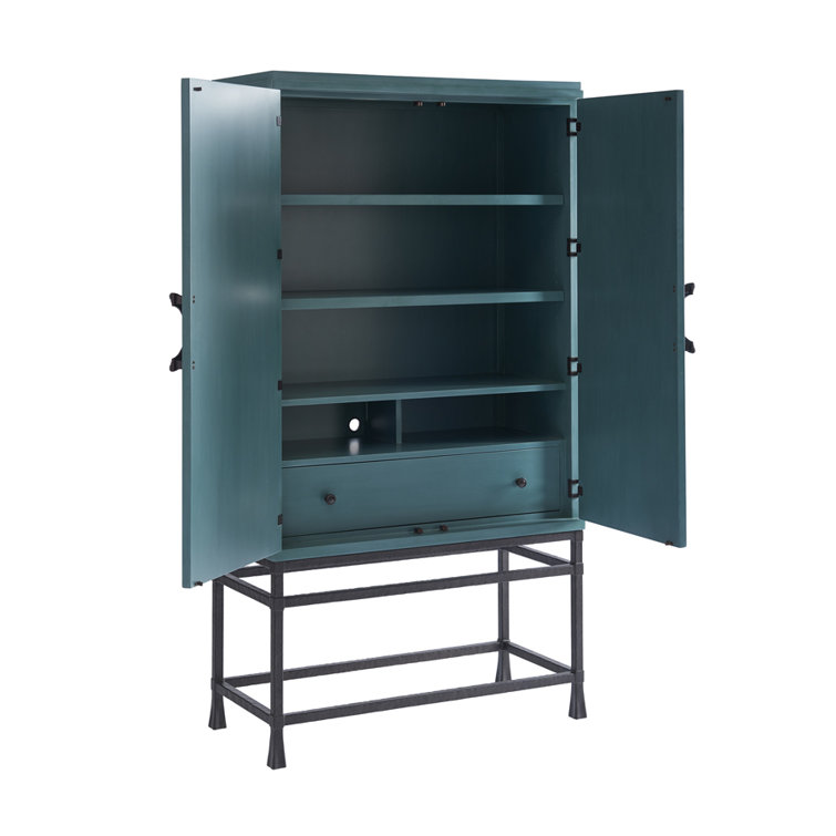 Seaglass Green and Blue Transitional Bar Cabinet with Bronze Base