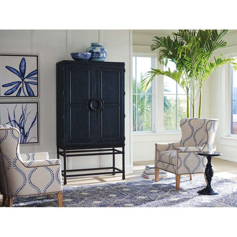 Transitional Round Black and Blue Wood Occasional Table