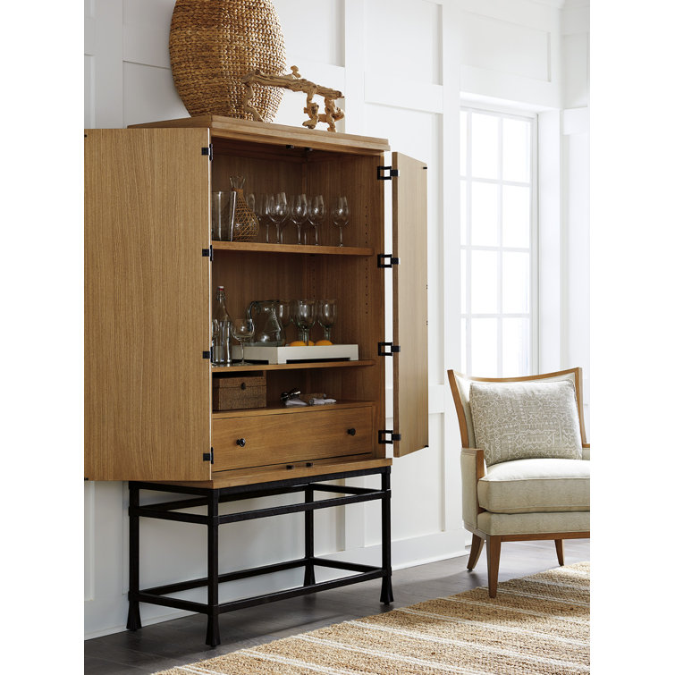Seaglass Green and Blue Transitional Bar Cabinet with Bronze Base