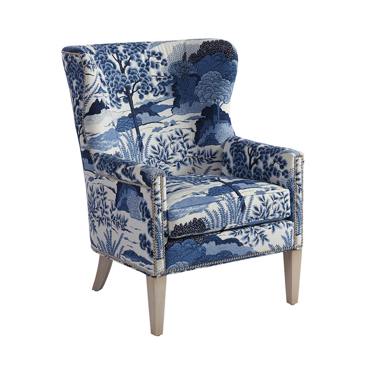 Cameo Shores Blue Linen Blend Wingback Chair with Nickel Nailhead