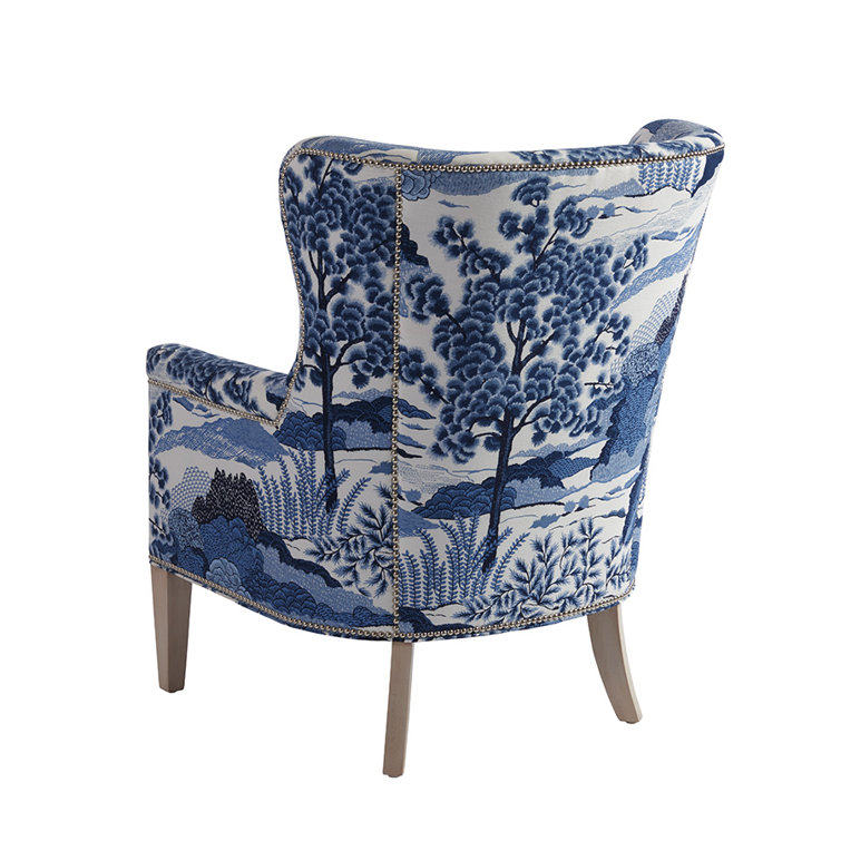 Cameo Shores Blue Linen Blend Wingback Chair with Nickel Nailhead
