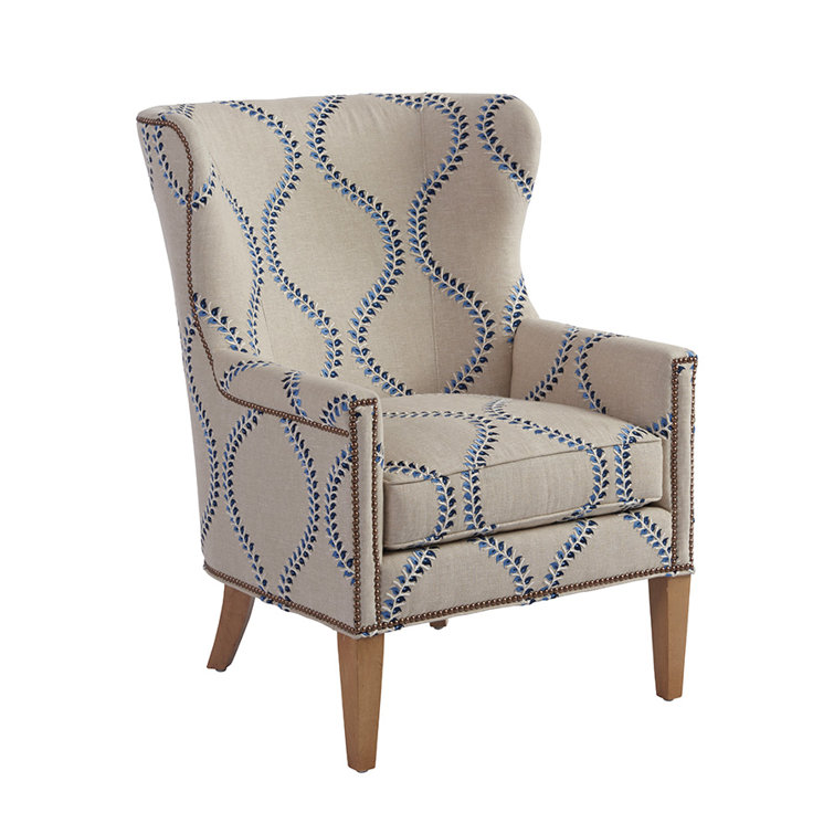 Avery Beige Linen Wingback Chair with Laguna Sands Frame