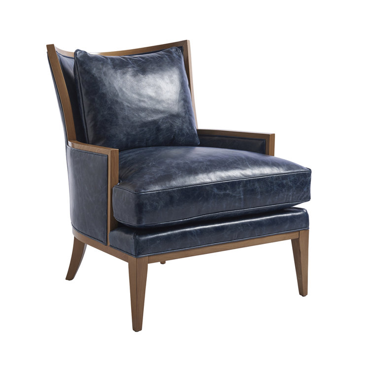 Handcrafted Blue Leather Barrel Armchair with Brown Wood Frame