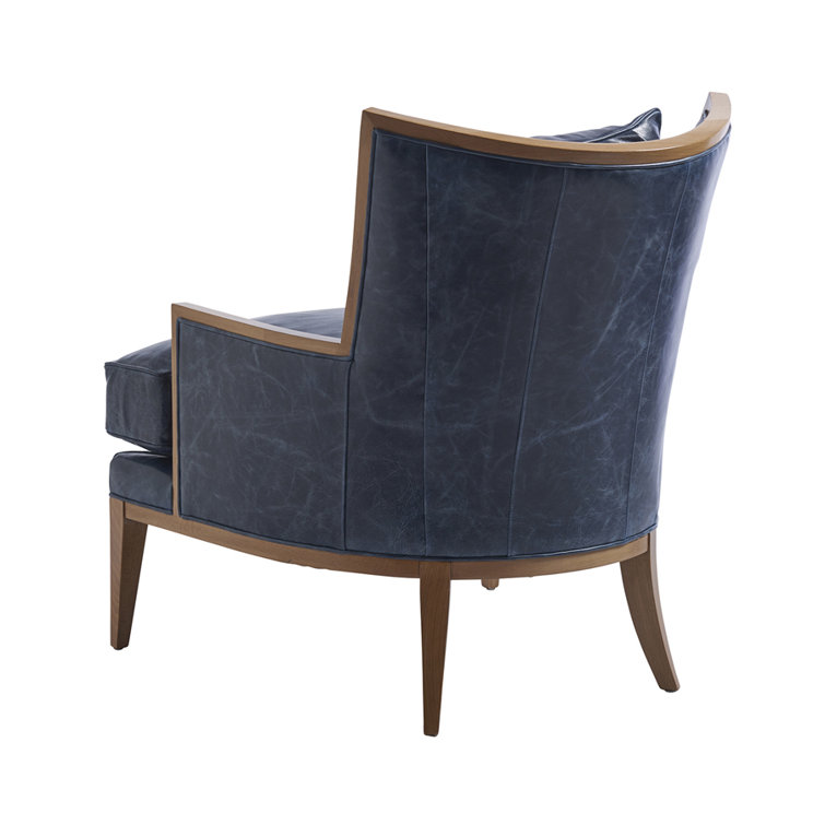 Handcrafted Blue Leather Barrel Armchair with Brown Wood Frame