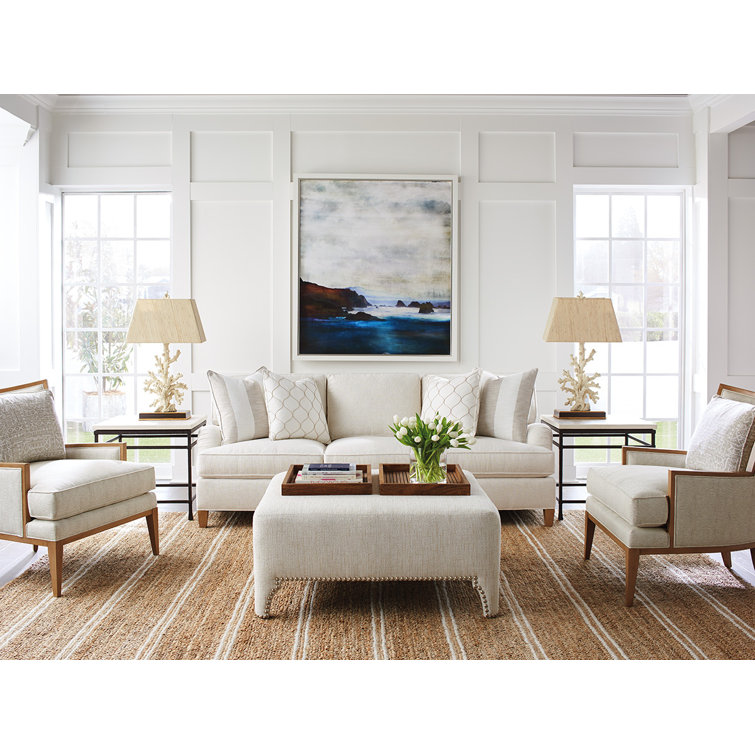 Beige Upholstered Cocktail Ottoman with Nailhead Trim