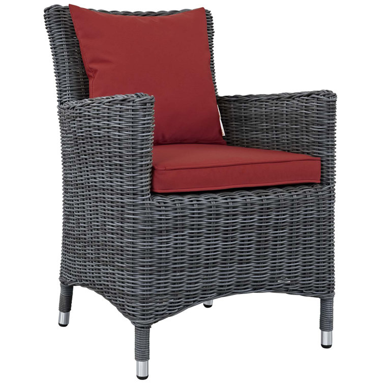 Gray Wicker Outdoor Dining Chairs with Red Cushions