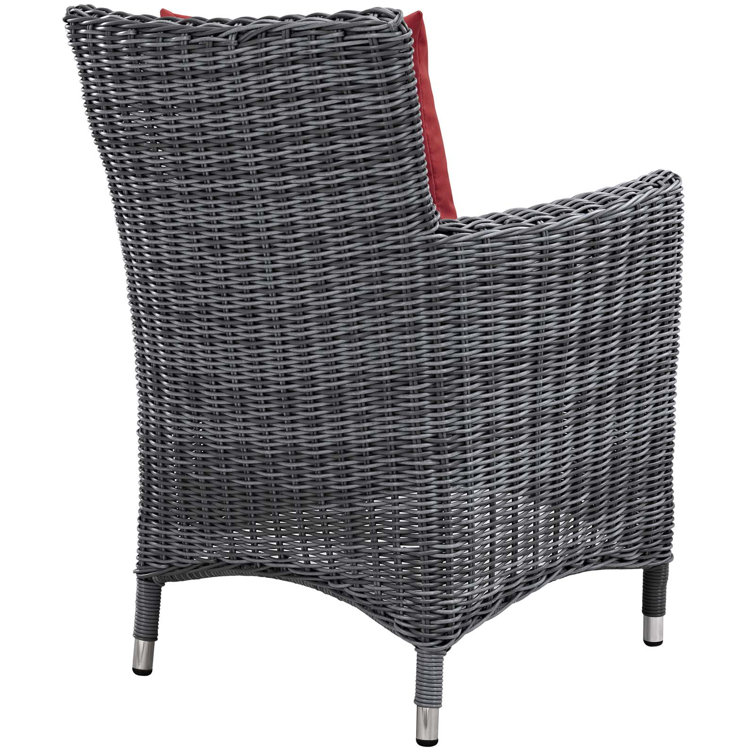 Gray Wicker Outdoor Dining Chairs with Red Cushions