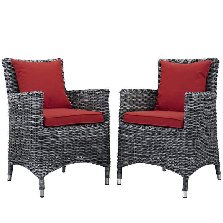 Gray Wicker Outdoor Dining Chairs with Red Cushions