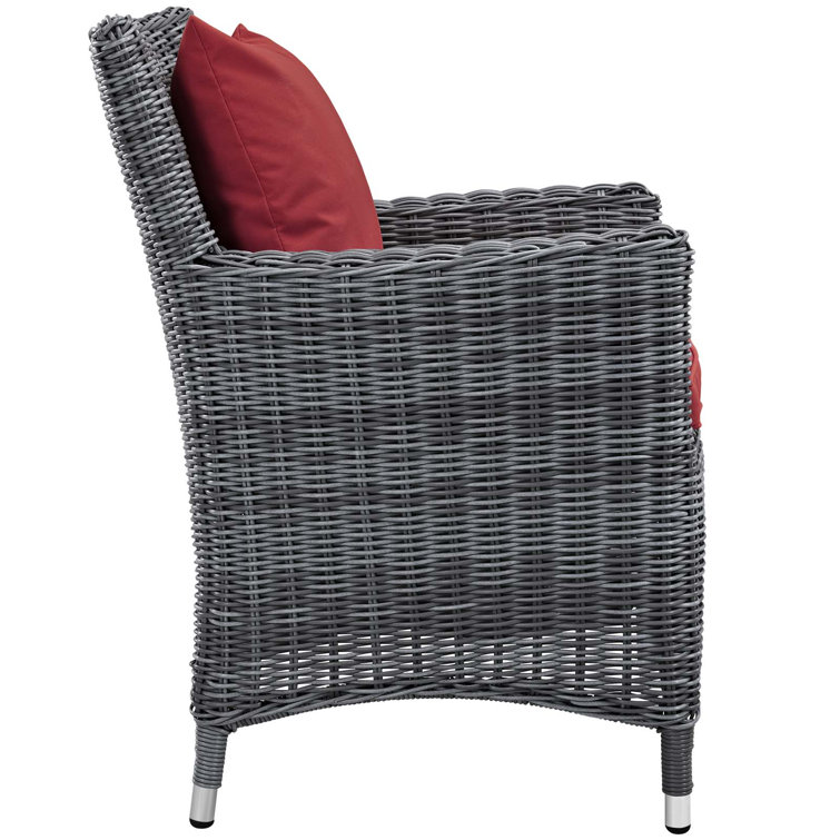 Gray Wicker Outdoor Dining Chairs with Red Cushions