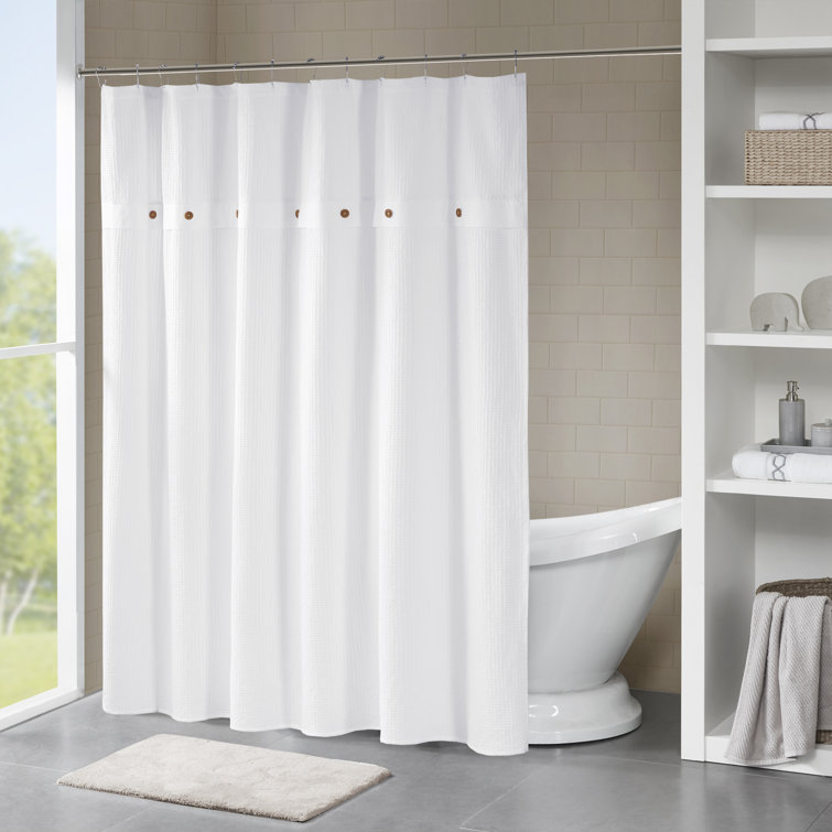 White Cotton Waffle Weave Shower Curtain with Button Accents
