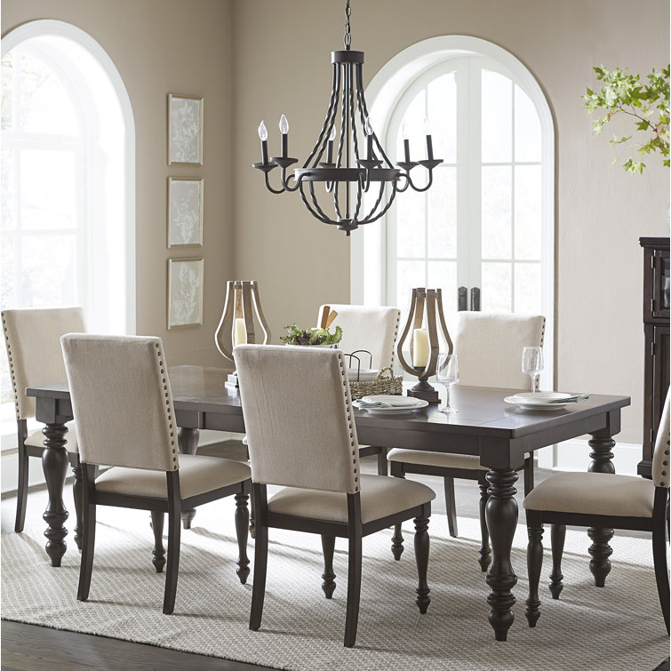 Grayish Brown Extendable Dining Set with Beige Upholstered Chairs