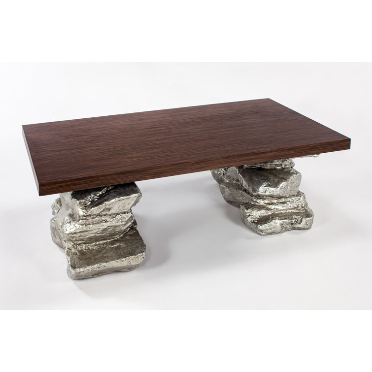Rectangular Wood and Glass Coffee Table with Distressed Silver Base