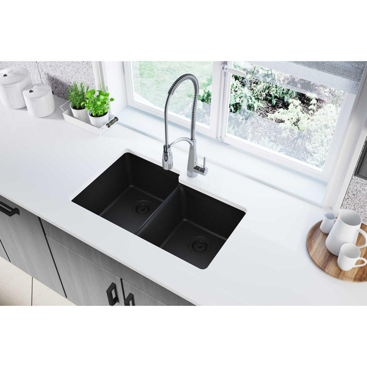 Black Granite Double Bowl Undermount Kitchen Sink