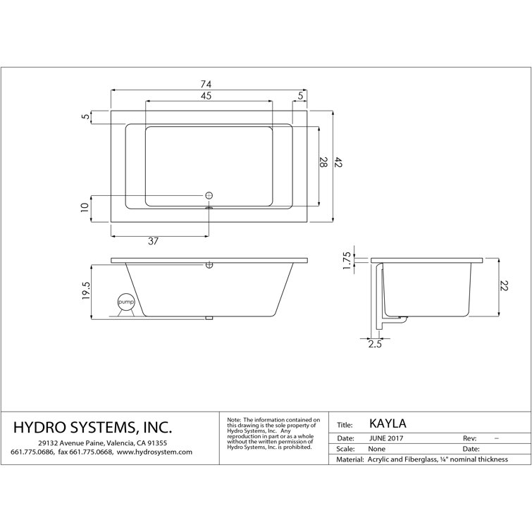 Kayla 74'' White Acrylic Rectangular Alcove Bathtub with Jets