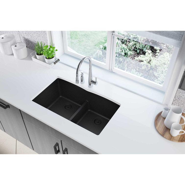 Black Quartz Double Bowl Undermount Kitchen Sink