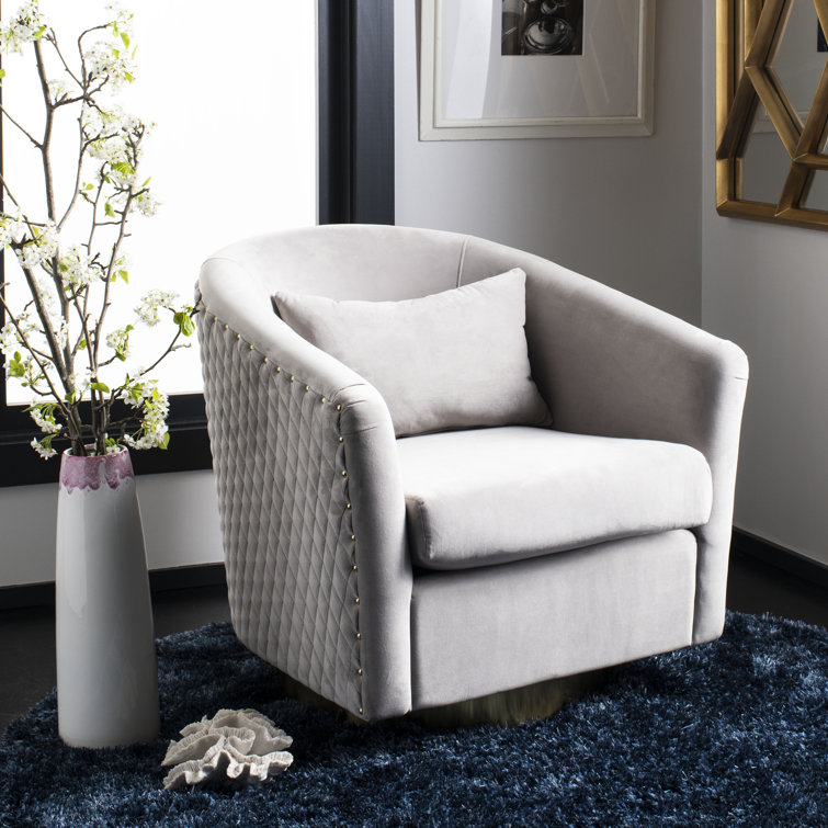 Transitional Pale Taupe Velvet Swivel Barrel Chair with Gold Legs