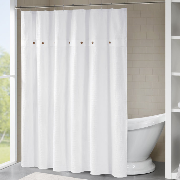 White Cotton Waffle Weave Shower Curtain with Button Accents