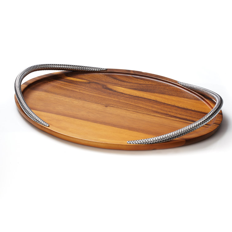 Acacia Wood and Chrome Braid Serving Tray