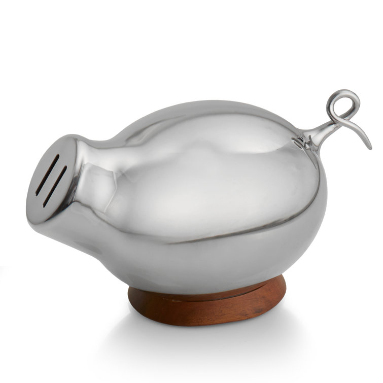 Silver Stainless Steel Piggy Bank with Acacia Wood Base