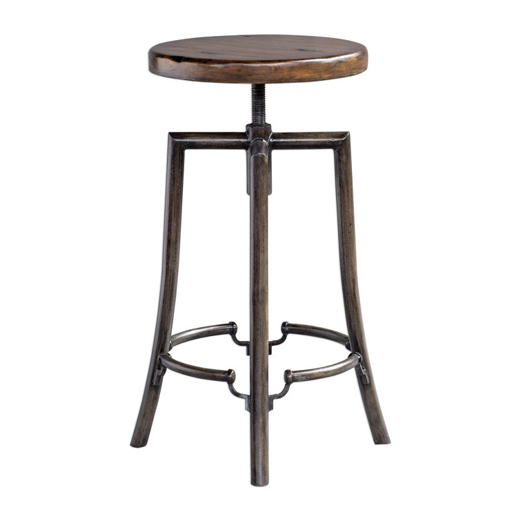 Adjustable Swivel Industrial Brown Wood and Metal Bar Stool