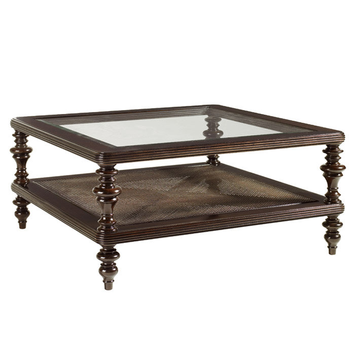 Brown Wood and Glass Square Cocktail Table with Storage