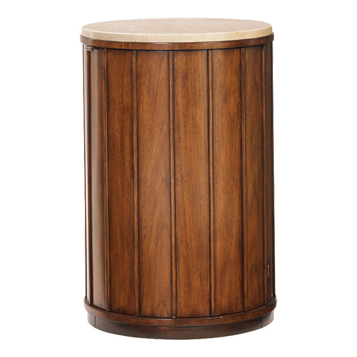 Brown Walnut and Travertine Round Drum Table with Storage
