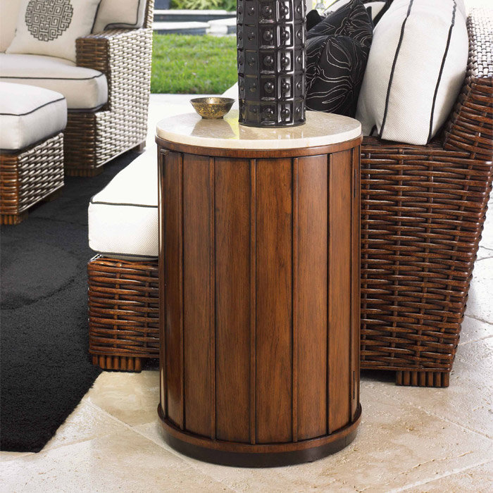 Brown Walnut and Travertine Round Drum Table with Storage