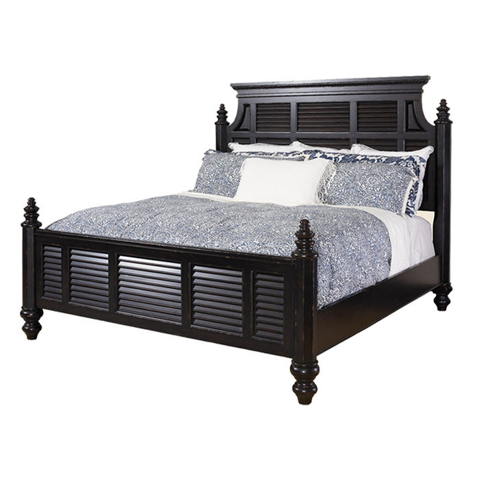 Queen-Sized Malabar Black Poster Bed with Upholstered Headboard
