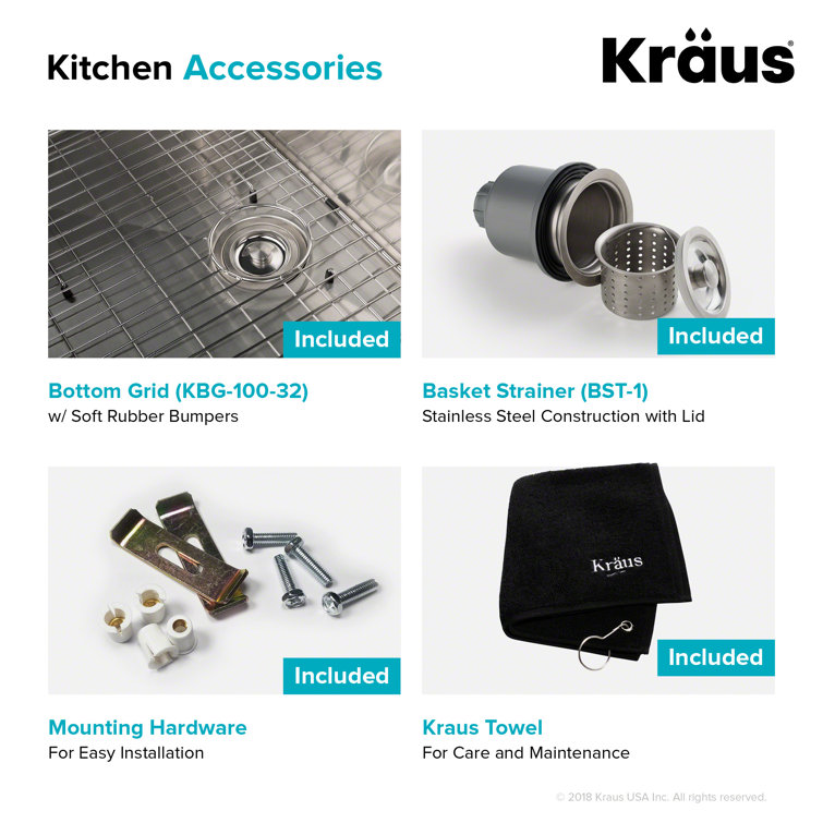 32-Inch Satin Stainless Steel Undermount Kitchen Sink with Accessories