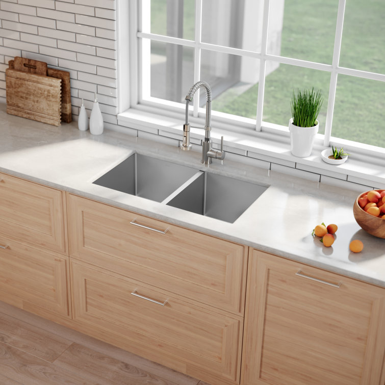 33" Satin Stainless Steel Double Bowl Farmhouse Sink with Disposal