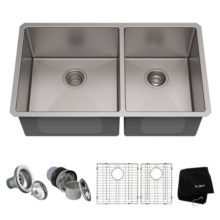 Kraus 33-Inch Satin Stainless Steel Double Bowl Undermount Kitchen Sink