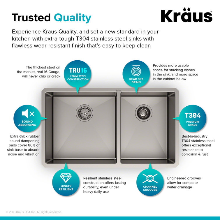 Kraus 33-Inch Satin Stainless Steel Double Bowl Undermount Kitchen Sink
