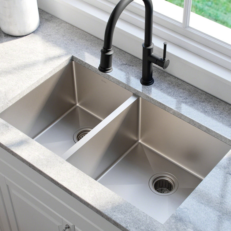 Kraus 33'' Satin Stainless Steel Double Bowl Undermount Kitchen Sink