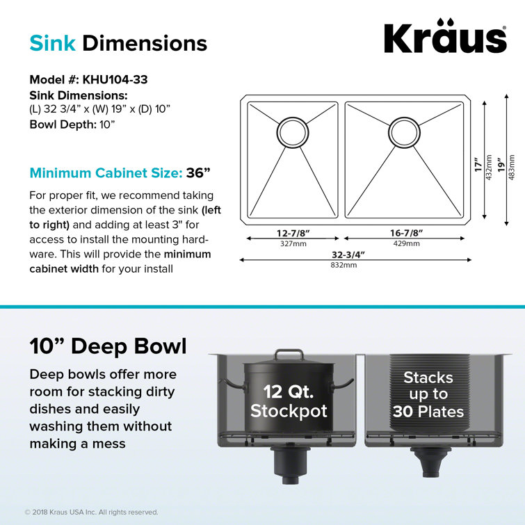 Kraus 33'' Satin Stainless Steel Double Bowl Undermount Kitchen Sink
