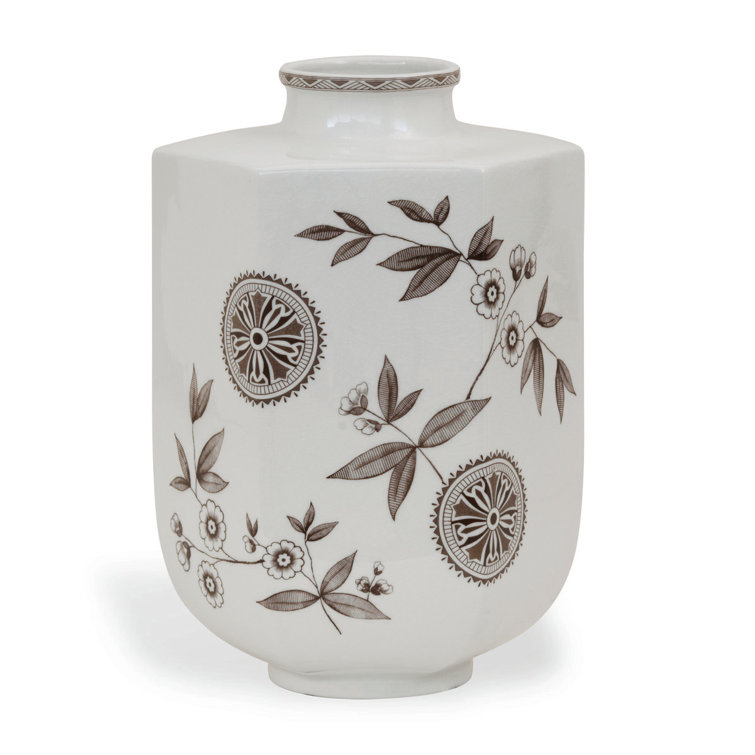 Medium White and Brown Hand Painted Ceramic Bud Vase