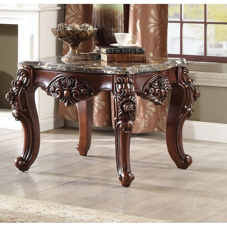 Walnut Brown Scalloped Marble Top End Table with Carved Floral Motifs