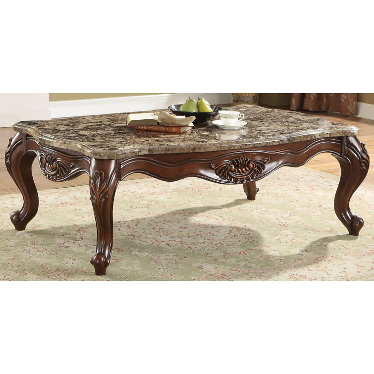 Traditional Cherry Oak and Marble Rectangular Coffee Table