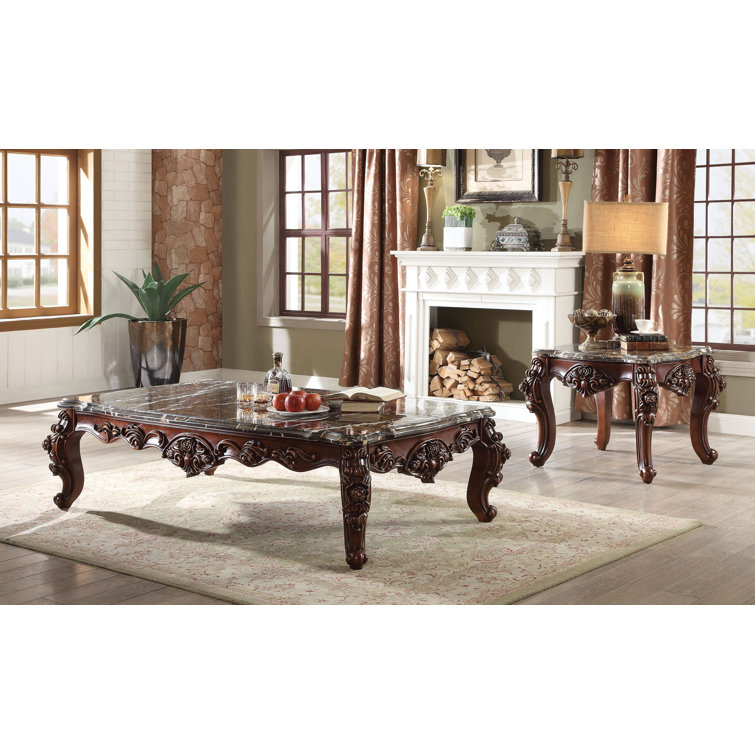 Walnut Brown Scalloped Marble Top End Table with Carved Floral Motifs