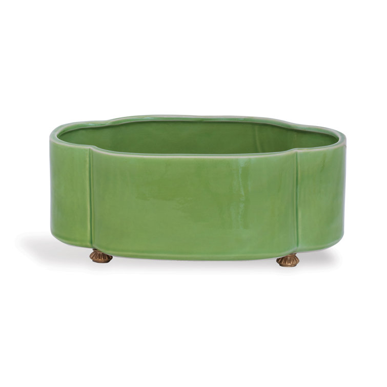 Green Oval Ceramic Planter with Brass Feet