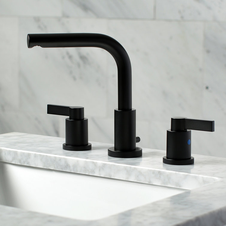 NuvoFusion 8" Matte Black Widespread Bathroom Faucet with Brass Pop-Up