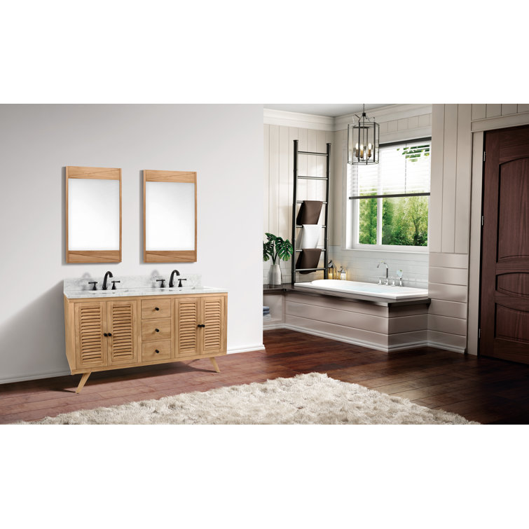 Transitional 61" Teak Double Vanity with Marble Top & Undermount Sinks